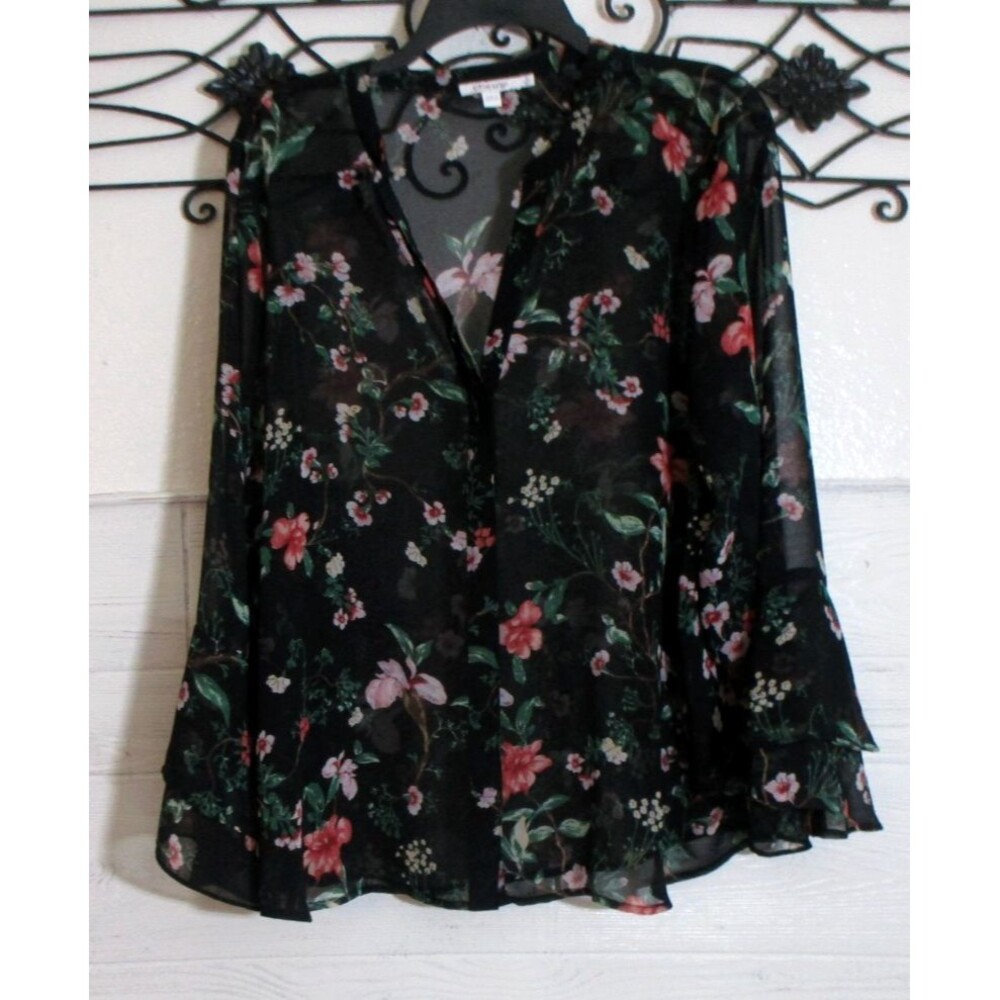 Chico's Sheer Top Women's Size2 US L Long Sleeve Black Floral Round Neck